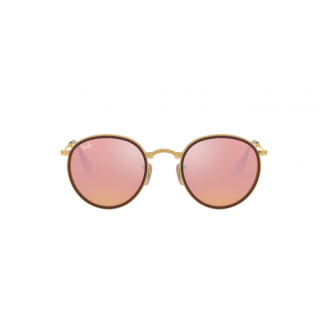Óculos de Sol Ray-Ban Round Folding RB 3517 001-Z2 Lente Marrom Espelhada Rosa armação Dourado 51