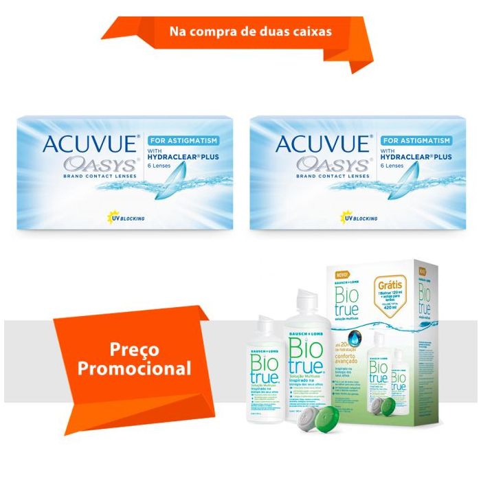 Combo Acuvue Oasys para Astigmatismo com Hydraclear Plus com BioTrue
