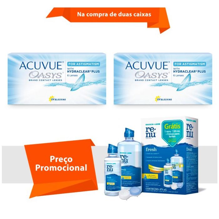 Combo Acuvue Oasys para Astigmatismo com Hydraclear Plus com Renu Fresh
