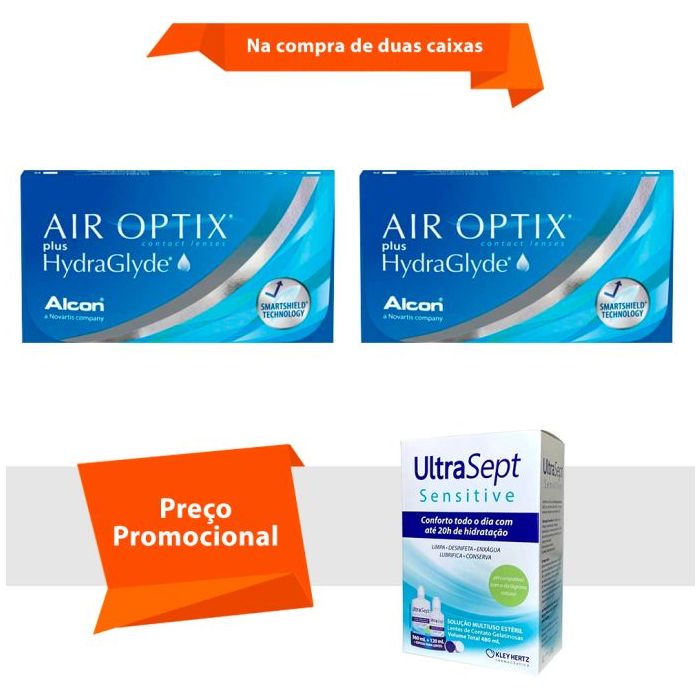 Combo Air Optix Plus Hydraglyde com UltraSept Sensitive