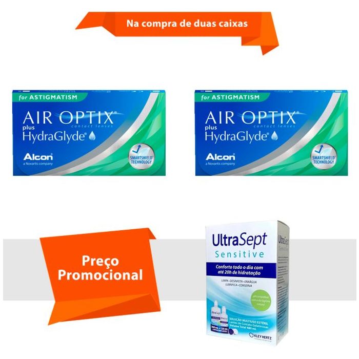 Combo Air Optix Plus HydraGlyde para Astigmatismo com Ultrasept Sensitive