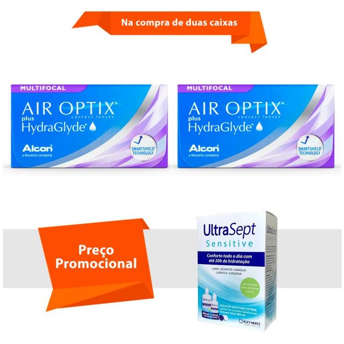 Combo Air Optix plus HydraGlyde Multifocal com UltraSept Sensitive