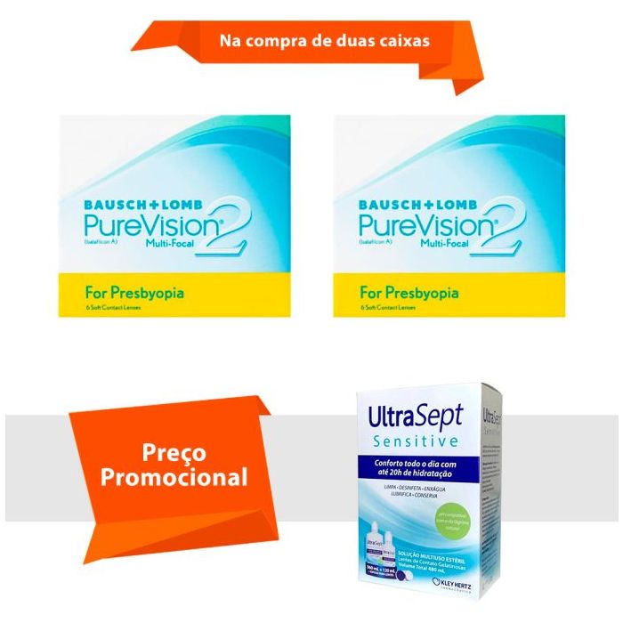 Combo Purevision 2 Multifocal para Presbiopia com UltraSept Sensitive
