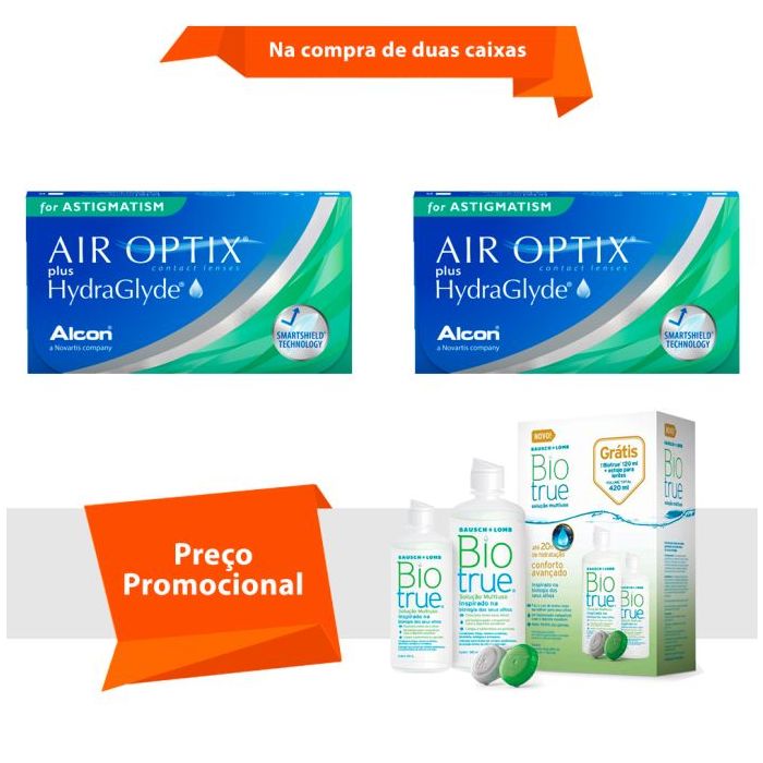 Combo Air Optix Plus HydraGlyde para Astigmatismo com BioTrue
