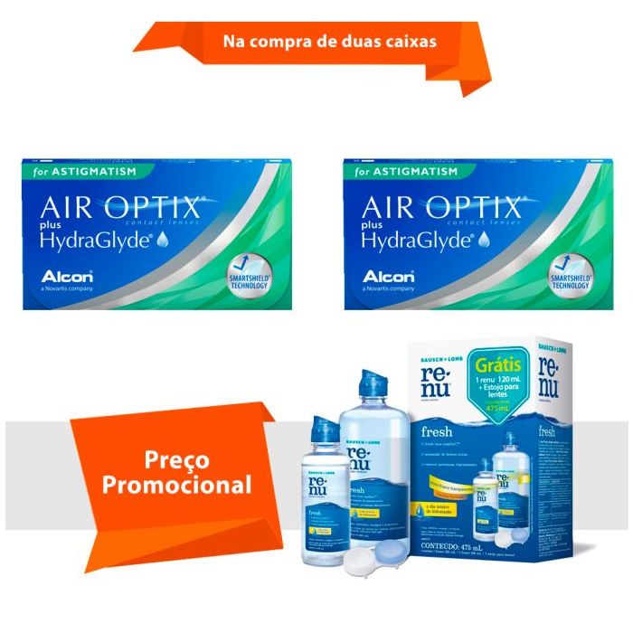Combo Air Optix Plus HydraGlyde para Astigmatismo com Renu Fresh