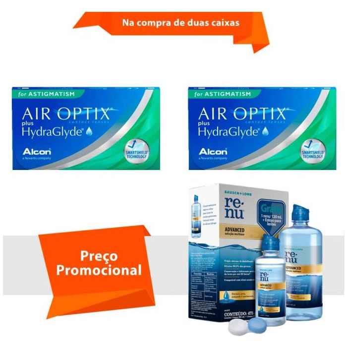 Combo Air Optix Plus HydraGlyde para Astigmatismo com Renu Advanced