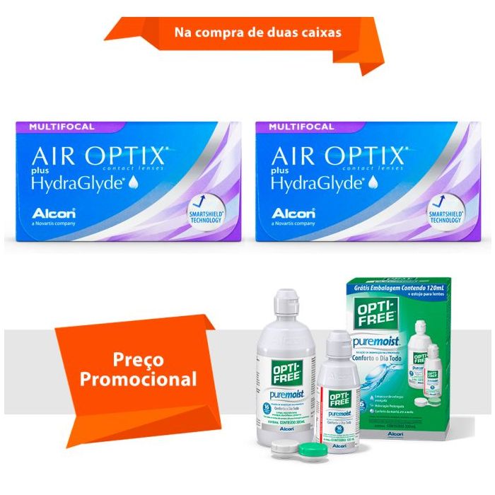 Combo Air Optix plus HydraGlyde Multifocal com Opti Free