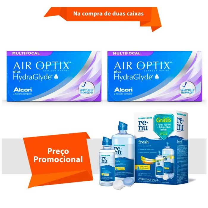 Combo Air Optix plus HydraGlyde Multifocal com Renu Fresh