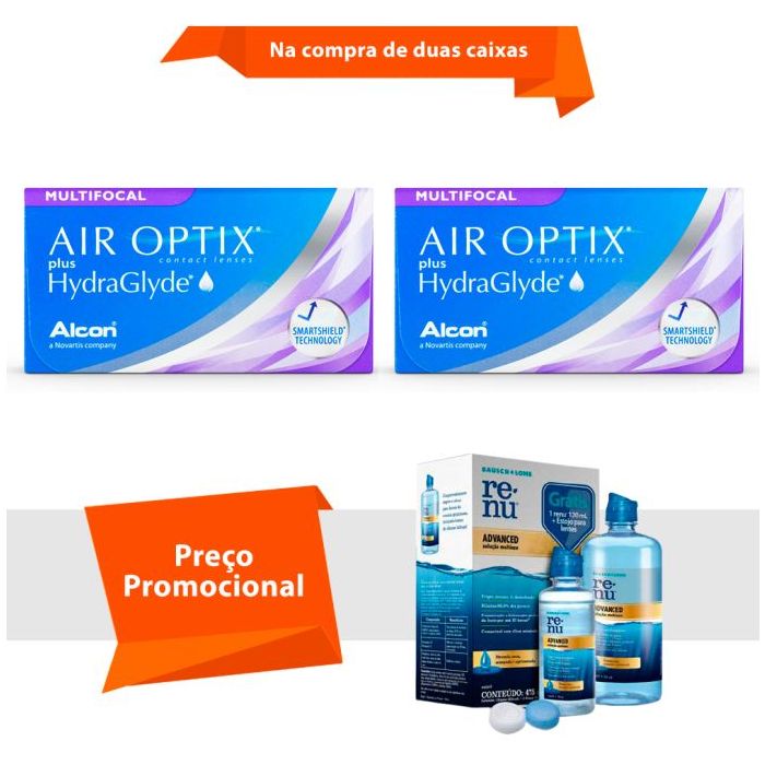 Combo Air Optix plus Hydraglyde Multifocal com Renu Advanced