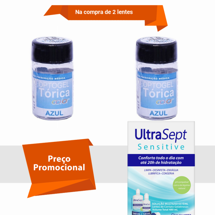 Combo Optogel Tórica Color para Astigmatismo Alto Grau com Ultrasept Sensitive