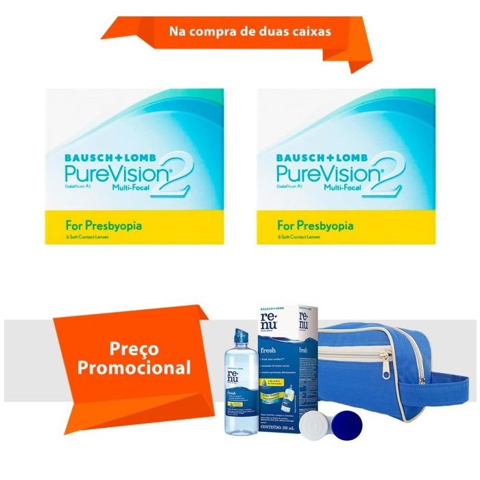Combo Purevision 2 Multifocal para Presbiopia com Kit Renu Fresh